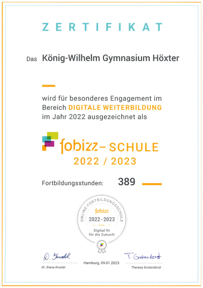 KWG als fobizz-Schule ausgezeichnet – Zertifikat für digitale Weiterbildung