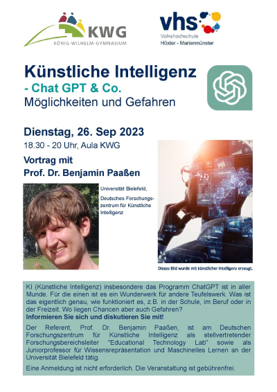 Herzliche Einladung zum Vortrag "Künstliche Intelligenz – ChatGPT und Co." am 26.09.2023